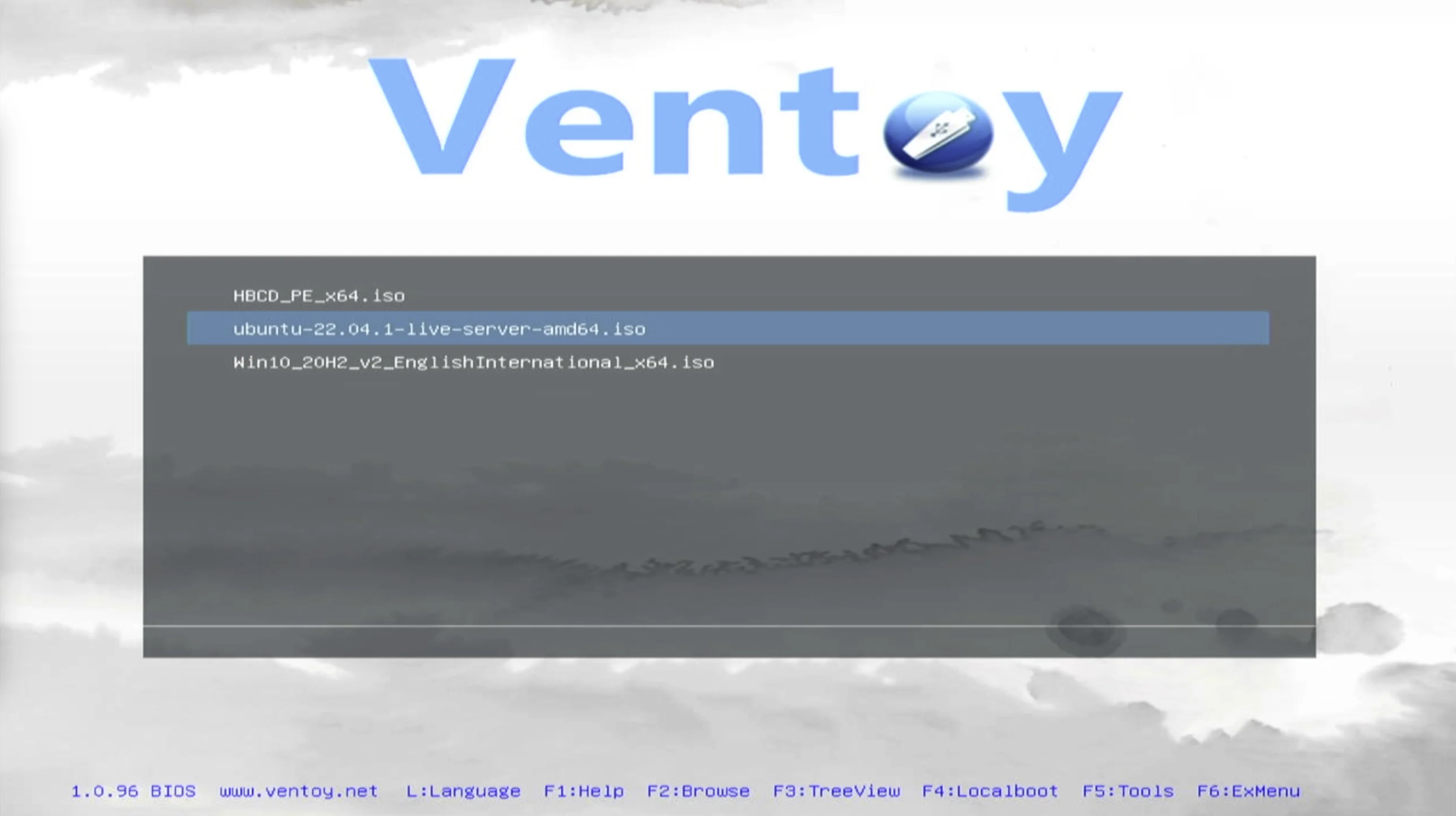 Bootable USB drive Ventoy menu